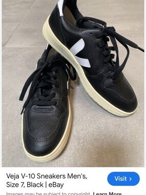 Veja Men's Black Leather Sneakers with White V Accent